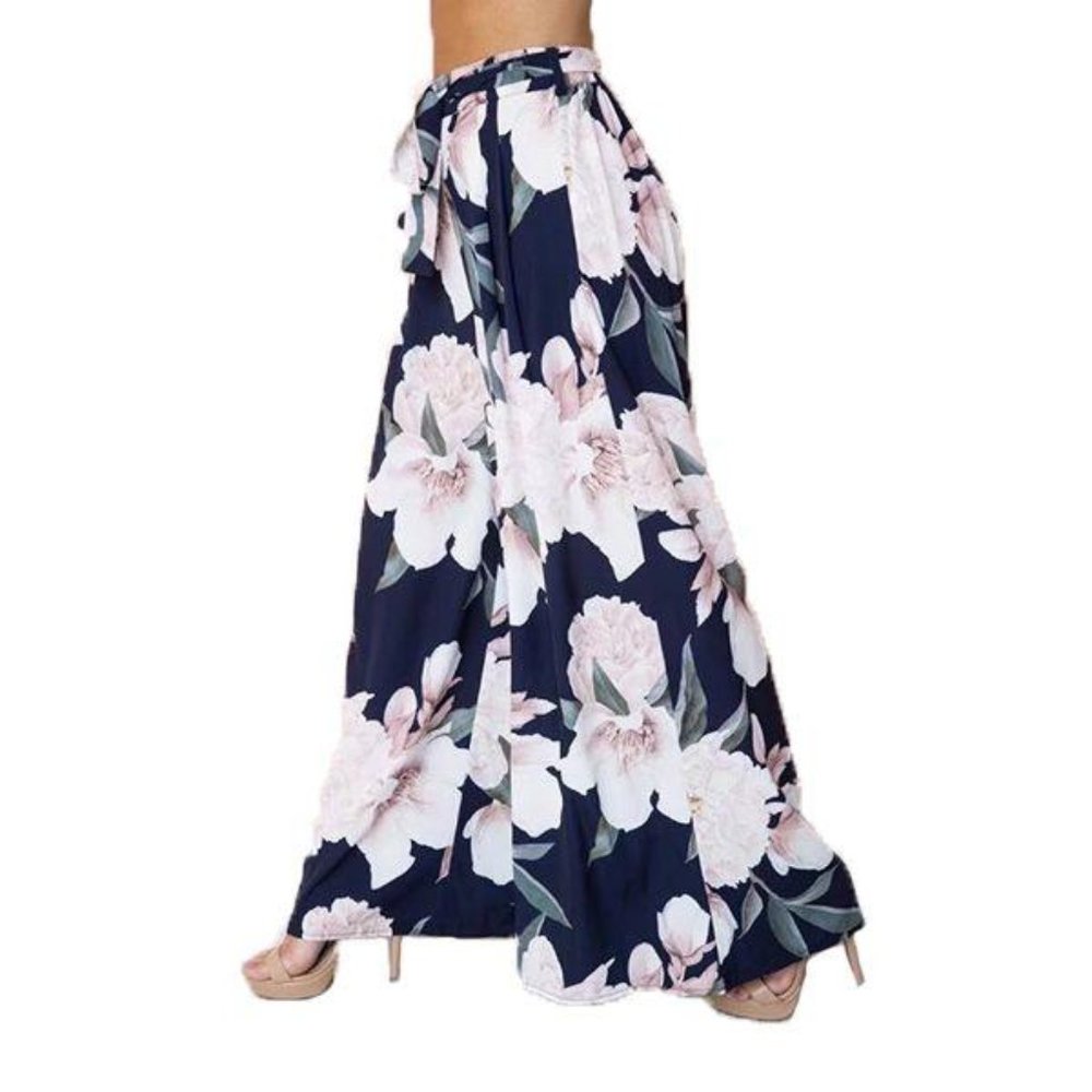 Floral Navy Lightweight Palazzo Wide Legs Pants NE - Picture 3 of 4